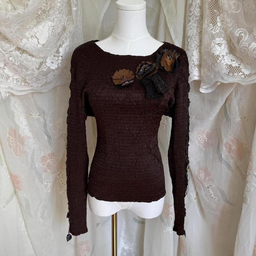 Alberto Makalie brown pleated top with leather and beaded floral details Sz L